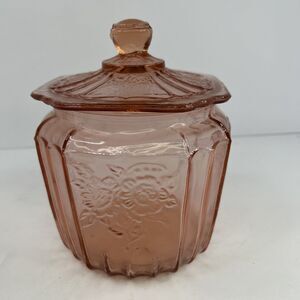 Vintage Pink Depression Glass Cookie Jar Mayfair Open Rose Anchor Hocking Lid